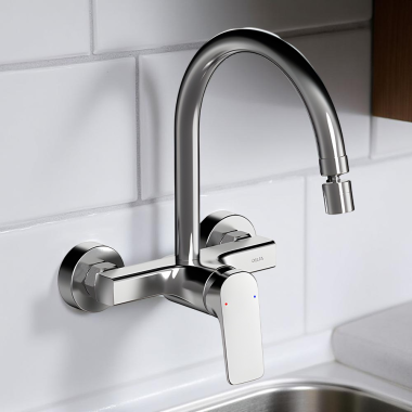 Click here to see Delta 44404 Delta Korby Single-Handle Wall-Mount Kitchen Faucet, Chrome - 44404