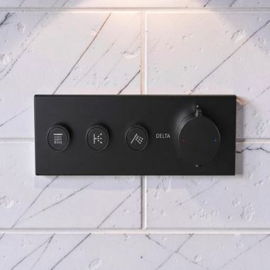 Click here to see Delta T67703-BL Delta MagnaChoice High Flow Push Button Thermostatic Trim with Three Outlets, Matte Black - T67703-BL