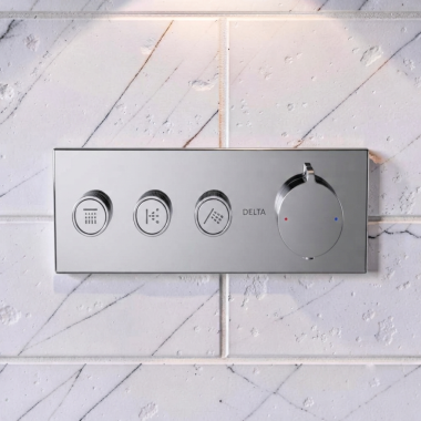 Click here to see Delta T67703 Delta MagnaChoice High Flow Push Button Thermostatic Trim with Three Outlets, Polished Chrome - T67703