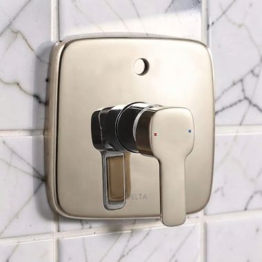 Click here to see Delta T853339-PN Delta Kami In-Wall Valve Trim with Push Button Diverter, Lever Handle, Polished Nickel - T853339-PN