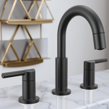 Click here to see Delta 35749LF-BLPD Delta Nicoli Two Handle Widespread Pull-Down Bathroom Faucet, 1.2 GPM, Matte Black - 35749LF-BLPD