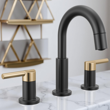 Click here to see Delta 35749LF-GZPD Delta Nicoli Two Handle Widespread Pull-Down Bathroom Faucet, 1.2 GPM, Matte Black/Champagne Bronze - 35749LF-GZPD