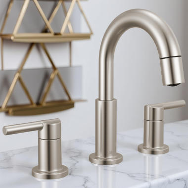Click here to see Delta 35749LF-SSPD Delta Nicoli Two Handle Widespread Pull-Down Bathroom Faucet, 1.2 GPM, Stainless - 35749LF-SSPD