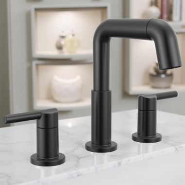 Click here to see Delta 35849LF-BLPD Delta Nicoli Two Handle Widespread Pull-Down Bathroom Faucet, 1.2 GPM, Matte Black - 35849LF-BLPD