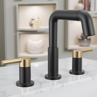 Click here to see Delta 35849LF-GZPD Delta Nicoli Two Handle Widespread Pull-Down Bathroom Faucet, 1.2 GPM, Matte Black/Champagne Bronze - 35849LF-GZPD