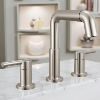 Click here to see Delta 35849LF-SSPD Delta Nicoli Two Handle Widespread Pull-Down Bathroom Faucet, 1.2 GPM, Stainless - 35849LF-SSPD