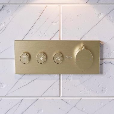 Click here to see Delta T67703-CZ Delta MagnaChoice High Flow Push Button Thermostatic Trim with Three Outlets, Champagne Bronze - T67703-CZ