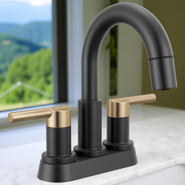 Click here to see Delta 25749LF-GZPD Delta Nicoli Two Handle Centerset Pull-Down Bathroom Faucet, 1.2 GPM, Matte Black/Champagne Bronze - 25749LF-GZPD