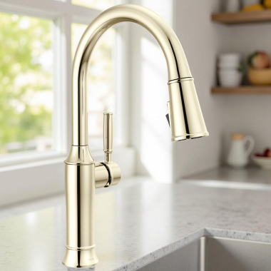 Click here to see Delta 9184-PN-PR-DST Delta Renaldi Single-Handle Pull-Down Kitchen Faucet, 1.8 GPM, Lumicoat Polished Nickel - 9184-PN-PR-DST