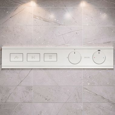 Click here to see Delta T77703 Delta MagnaChoice High Flow Push Button Thermostatic Trim with Three Outlets, Polished Chrome - T77703