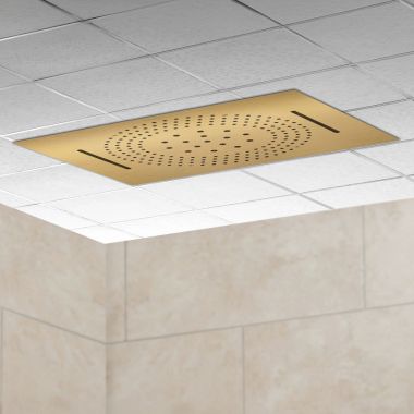 Click here to see Delta ISH1114-PG Delta MagnaFlow Multi-Function RainCan Showerhead with H2Okinetic Technology and Cascade Flow, Touch-Clean, Polished Gold - ISH1114-PG