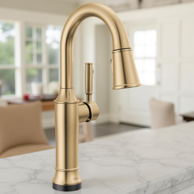 Click here to see Delta 9984TL-CZ-PR-DST Delta Renaldi Touch2O Single-Handle Pull-Down Bar/Prep Faucet, 1.8 GPM, Lumicoat Champagne Bronze - 9984TL-CZ-PR-DST