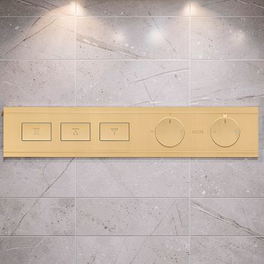 Click here to see Delta T77703-CZ Delta MagnaChoice High Flow Push Button Thermostatic Trim with Three Outlets, Champagne Bronze - T77703-CZ