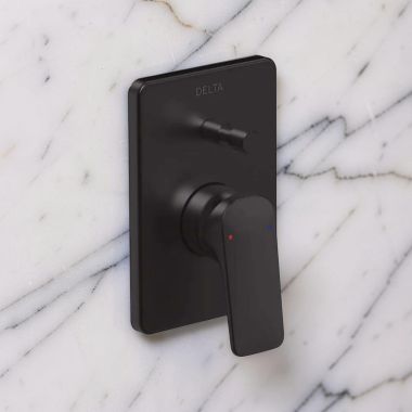 Click here to see Delta T853444-BL Dela Korby Rectangular Valve Trim with Diverter with Metal Lever Handle, ADA, Matte Black - T853444-BL