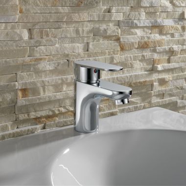 Click here to see Delta 23025 Delta Elemetro Single Handle Bathroom Sink Faucet w/ Pop-Up, 1.5 GPM, Chrome - 23025