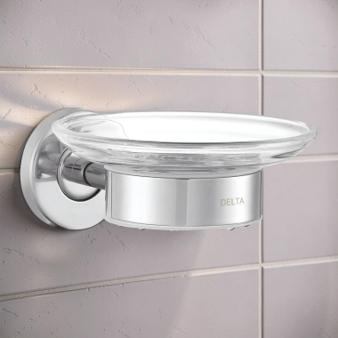 Click here to see Delta IAOSD001 Delta 4” Round Glass Wall Mounted Soap Dish, Chrome - IAOSD001