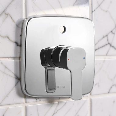 Click here to see Delta T853339 Delta Kami In-Wall Valve Trim with Push Button Diverter, Lever Handle, Polished Chrome - T853339
