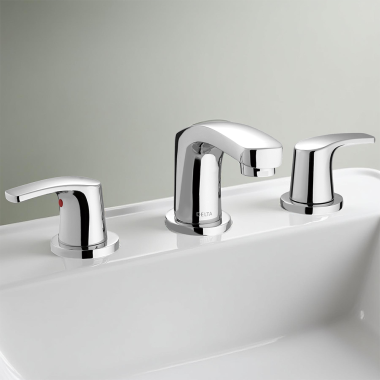 Click here to see Delta 44040 Delta Ixa Soft Two-Handle Widespread Bathroom Faucet w/ Pop-Up, 3.7 GPM, Chrome - 44040