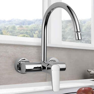 Click here to see Delta 44004-SQ Delta Ixa Jive Single-Handle On Wall Kitchen Faucet, 4.1 GPM, Chrome - 44004-SQ