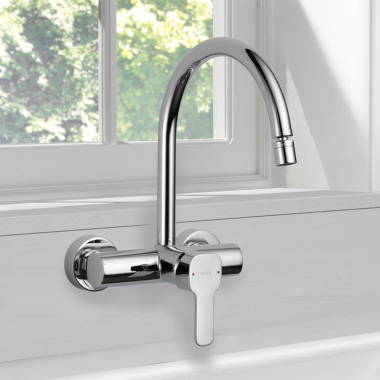 Click here to see Delta 33904 Delta Kami Single-Handle Onl Wall Kitchen Faucet, 4.1 GPM, Chrome - 33904