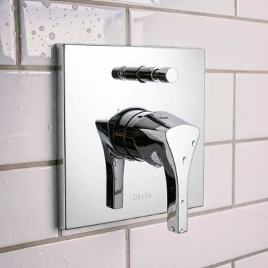 Click here to see Delta T85374 Dela Zura Square Valve Trim with Push Button Diverter with Metal Lever Handle, ADA, Chrome - T85374