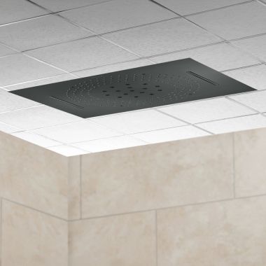 Click here to see Delta ISH1114-BL Delta MagnaFlow Multi-Function Rain Can Showerhead with H2Okinetic Technology and Cascade Flow, Touch-Clean, Matte Black - ISH1114-BL