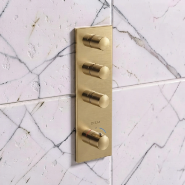 Click here to see Delta T999001-CZ Delta MagnaSpin High Flow Thermostatic Valve Trim with 3 Outlet, Champagne Bronze - T999001-CZ