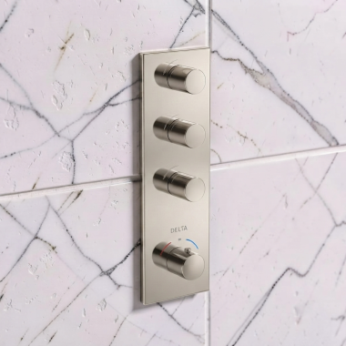 Click here to see Delta T999001-PN Delta MagnaSpin High Flow Thermostatic Valve Trim with 3 Outlet, Polished Nickel - T999001-PN