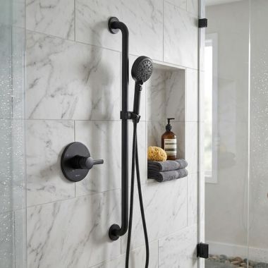 Click here to see Peerless PTT24347-BL Peerless Precept Pressure Balance Trim With 6 Function Hand Shower in 36