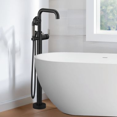 Click here to see Brizo T70135-BLSLLHP Brizo Litze Single-Handle Freestanding Tub Filler with 1.75 GPM H2Okinetic Hand Shower, Matte Black/Brilliance Luxe Steel - T70135-BLSLLHP