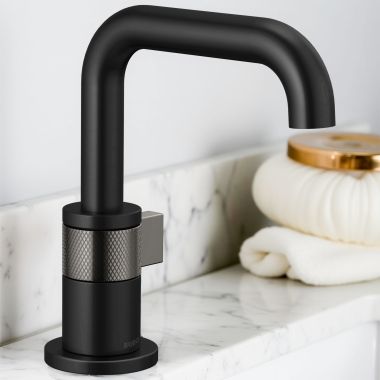 Click here to see Brizo 65035LF-BLSL-ECO Brizo Litze One-Handle Bathroom Faucet with Ceramic Cartridge, Single-Hole, 1.2 GPM, Less Drain, Matte Black/Brilliance Luxe Steel - 65035LF-BLSL-ECO