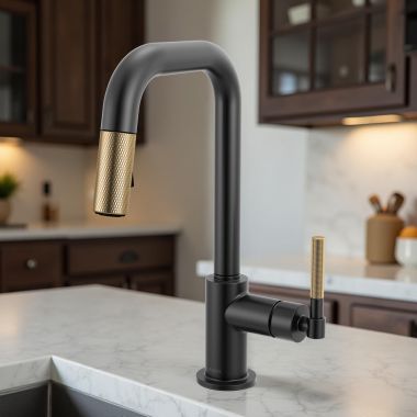 Click here to see Brizo 63953LF-BLGL Brizo Litze Pull-Down Prep Faucet with Square Spout - Knurled Handle, 1.8 GPM, Brilliance Matte Black/Luxe Gold - 63953LF-BLGL