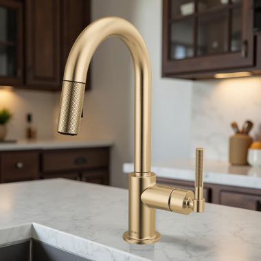 Click here to see Brizo 63943LF-GL Brizo Litze Pull-Down Prep Faucet with Arc Spout - Knurled Handle, 1.8 GPM, Brilliance Luxe Gold - 63943LF-GL