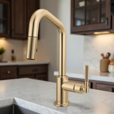 Click here to see Brizo 63963LF-GL Brizo Litze Pull-Down Prep Faucet with Angle Spout - Knurled Handle, 1.8 GPM, Brilliance Luxe Gold - 63963LF-GL 