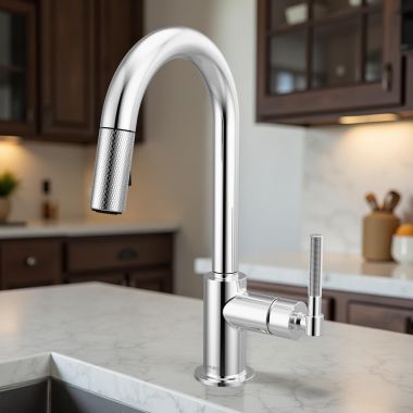 Click here to see Brizo 63943LF-PC Brizo Litze Pull-Down Prep Faucet with Arc Spout - Knurled Handle, 1.8 GPM, Polished Chrome - 63943LF-PC
