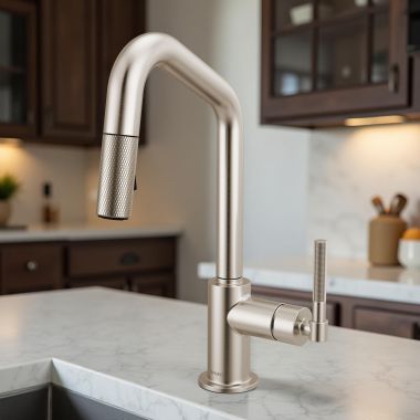 Click here to see Brizo 63963LF-SS Brizo Litze Pull-Down Prep Faucet with Angle Spout - Knurled Handle, 1.8 GPM, Stainless - 63963LF-SS