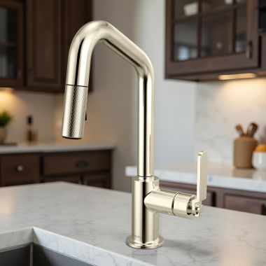 Click here to see Brizo 63964LF-PN Brizo Litze Pull-Down Prep Faucet with Angle Spout - Industrial Handle, 1.8 GPM, Polished Nickel - 63964LF-PN