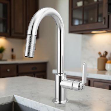 Click here to see Brizo 63944LF-PC Brizo Litze Pull-Down Prep Faucet with Arc Spout - Industrial Handle, 1.8 GPM, Polished Chrome - 63944LF-PC