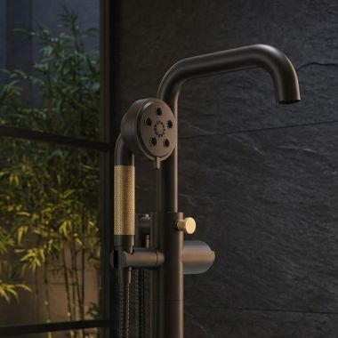 Click here to see Brizo RP90054BLGL Brizo Litze H2Okinetic Multi-Function Hand Shower with Dual-Check Valve, 1.75 GPM, Round, WaterSense, Matte Black/Brilliance Luxe Gold - RP90054BLGL