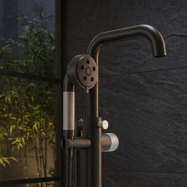Click here to see Brizo RP90054BLSL Brizo Litze H2Okinetic Multi-Function Hand Shower with Dual-Check Valve, 1.75 GPM, Round, WaterSense, Matte Black/Brilliance Luxe Steel - RP90054BLSL