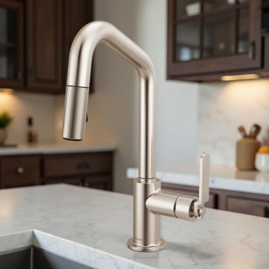 Click here to see Brizo 63964LF-SS Brizo Litze Pull-Down Prep Faucet with Angle Spout - Industrial Handle, 1.8 GPM, Stainless Steel - 63964LF-SS