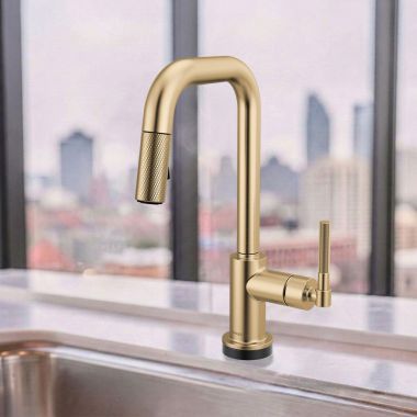Click here to see Brizo 64953LF-GL Brizo Litze Smart Touch Pull-Down Prep Faucet With Square Spout, Knurled Lever Handle, 1.8 GPM, Diamond Seal, MagneDock, Touch-Clean, Brilliance Luxe Gold - 64953LF-GL