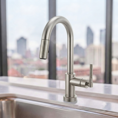 Click here to see Brizo 64943LF-SS Brizo Litze Smart Touch Pull-Down Prep Faucet With Arc Spout, Knurled Lever Handle, 1.8 GPM, Diamond Seal, MagneDock, Touch-Clean, Stainless - 64943LF-SS