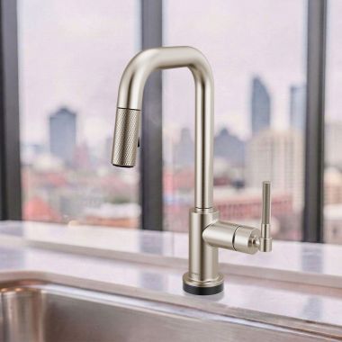 Click here to see Brizo 64953LF-SS Brizo Litze Smart Touch Pull-Down Prep Faucet With Square Spout, Knurled Lever Handle, 1.8 GPM, Diamond Seal, MagneDock, Touch-Clean, Brilliance Stainless - 64953LF-SS