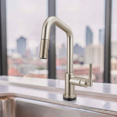 Click here to see Brizo 64963LF-SS Brizo Litze Smart Touch Pull-Down Prep Faucet With Angle Spout, Knurled Lever Handle, 1.8 GPM, Diamond Seal, MagneDock, Touch-Clean, Stainless - 64963LF-SS