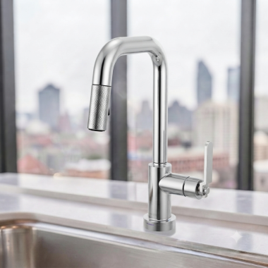 Click here to see Brizo 64954LF-PC Brizo Litze Smart Touch Pull-Down Prep Faucet With Square Spout, Industrial Lever Handle, 1.8 GPM, Diamond Seal, MagneDock, Touch-Clean, Polished Chrome - 64954LF-PC