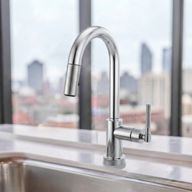 Click here to see Brizo 64943LF-PC Brizo Litze Smart Touch Pull-Down Prep Faucet With Arc Spout, Knurled Lever Handle, 1.8 GPM, Diamond Seal, MagneDock, Touch-Clean, Polished Chrome - 64943LF-PC