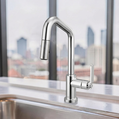 Click here to see Brizo 64964LF-PC Brizo Litze Smart Touch Pull-Down Prep Faucet With Angle Spout, Industrial Lever Handle, 1.8 GPM, Diamond Seal, MagneDock, Touch-Clean, Polished Chrome - 64964LF-PC