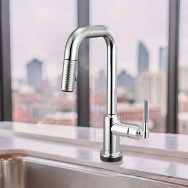 Click here to see Brizo 64953LF-PC Brizo Litze Smart Touch Pull-Down Prep Faucet With Square Spout, Knurled Lever Handle, 1.8 GPM, Diamond Seal, MagneDock, Touch-Clean, Polished Chrome - 64953LF-PC