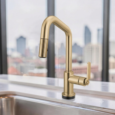 Click here to see Brizo 64964LF-GL Brizo Litze Smart Touch Pull-Down Prep Faucet With Angle Spout, Industrial Lever Handle, 1.8 GPM, Diamond Seal, MagneDock, Touch-Clean, Brilliance Luxe Gold - 64964LF-GL